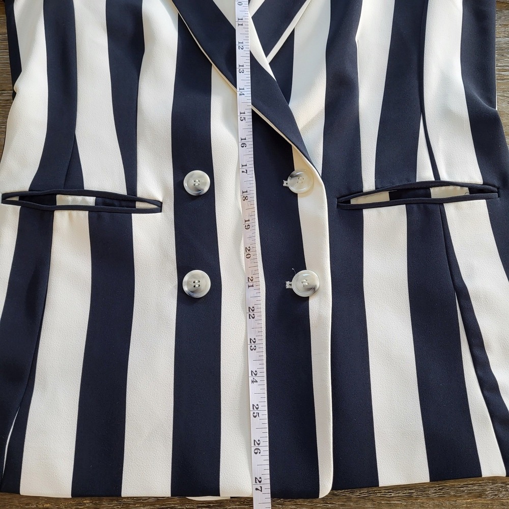 H&M Womens Navy Blue White Striped Double Breasted Blazer Jacket Size 8 Long - Picture 6 of 8